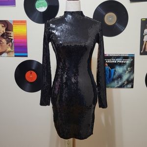 Express | Black Sequin Mock Neck Long Sleeve Dress